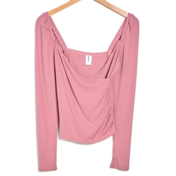 Nordstrom Long Sleeve Faux Wrap Top Pink NOne Sizetalgia Size Small Puff Sleeve - Picture 2 of 10